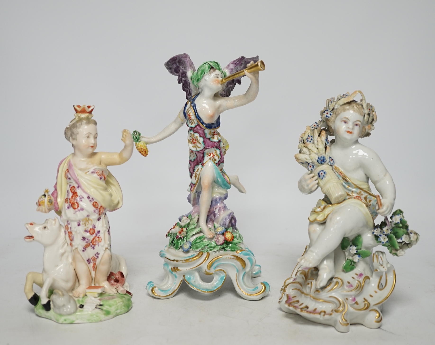 A Bow porcelain figure of Fame, c.1760-5 and two Derby figures emblematic of Europe and Autumn, c.1760-70, tallest 21cm (3)